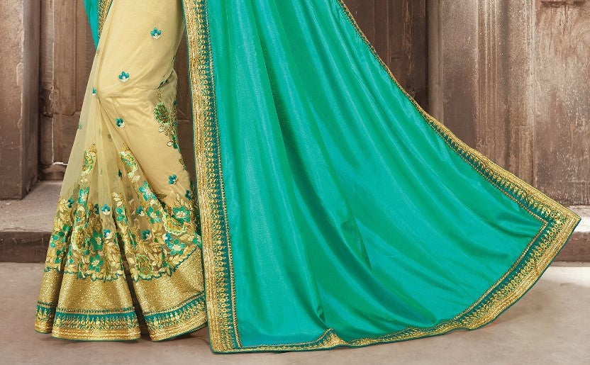 Green Yellow Dual Shade Silk and Net Half Half Designer Saree - GlitterGleam