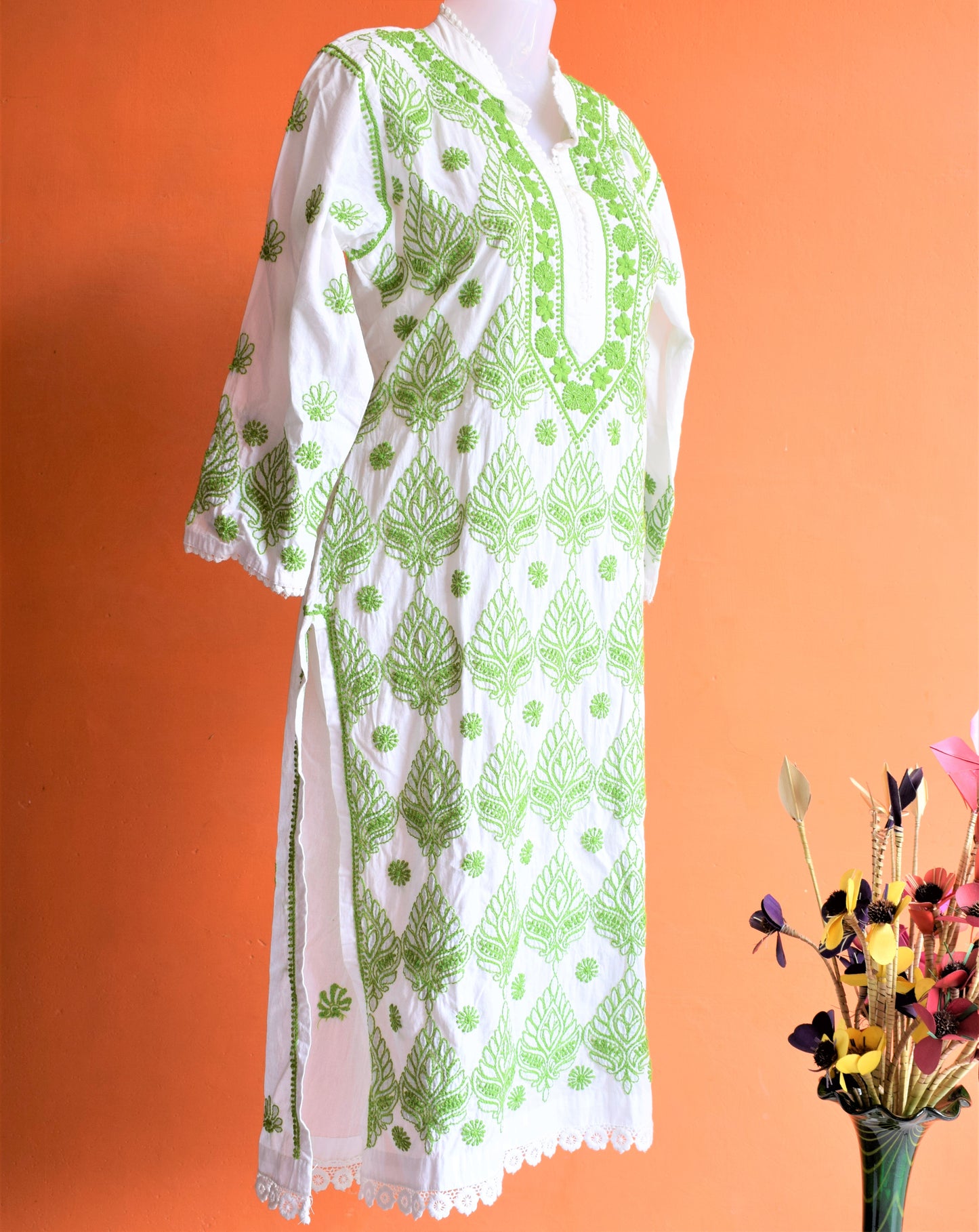 White and Green Floral Lace Chikan Embroidery Kurti