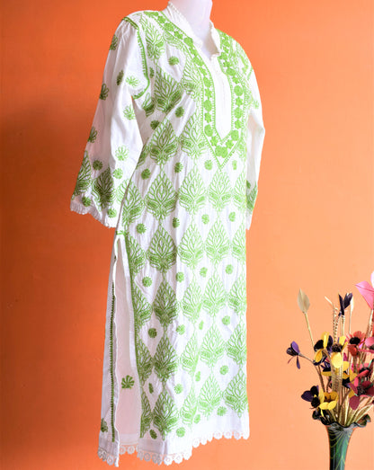 White and Green Floral Lace Chikan Embroidery Kurti
