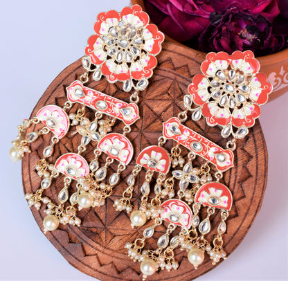 Designer Red Floral Matt Gold Plated Earrings