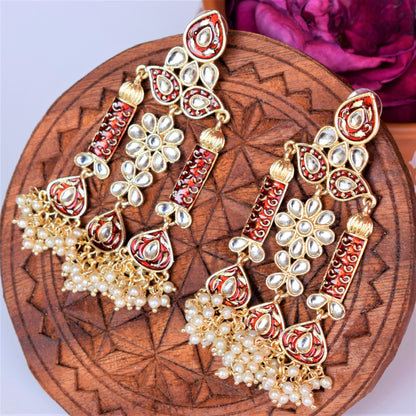 Maroon Red Kundan Temple Earrings