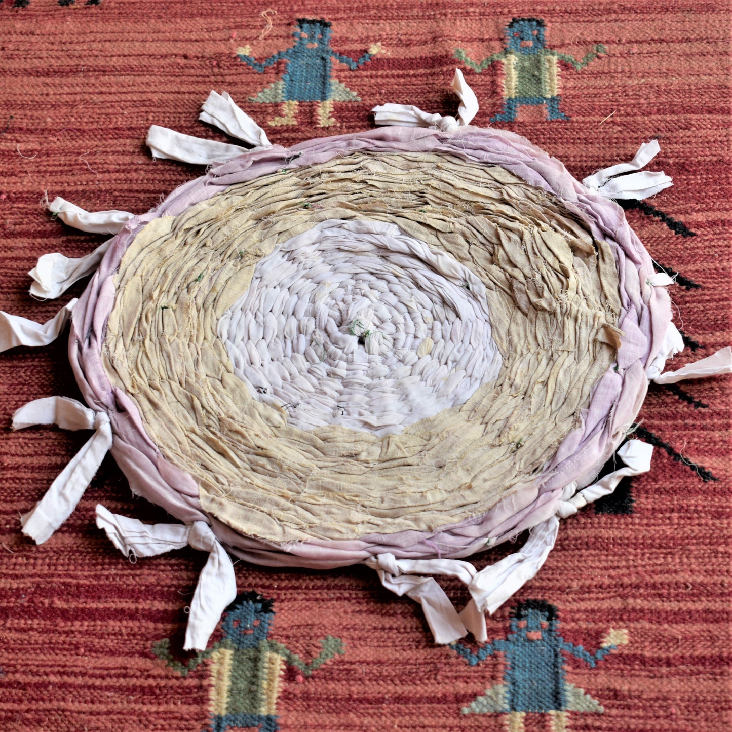 Recycled Handmade Round Asani and Foot Mat in Brown, White and Pink Patterns