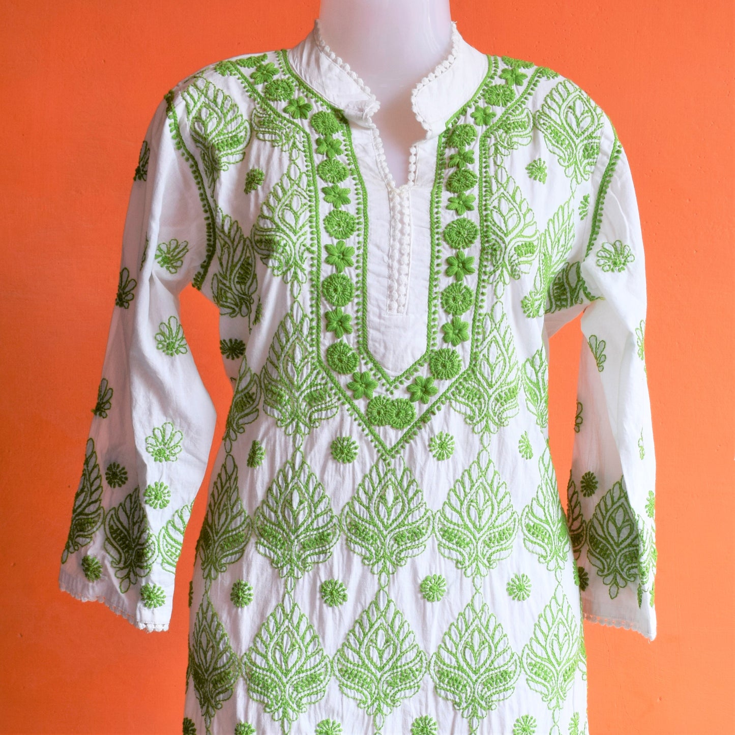 White and Green Floral Lace Chikan Embroidery Kurti
