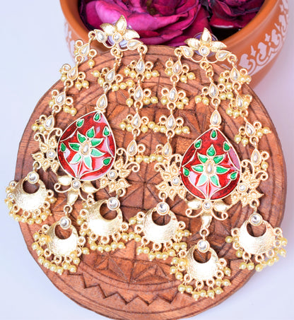 Maroon Green Long Chandbali Kundan Earring