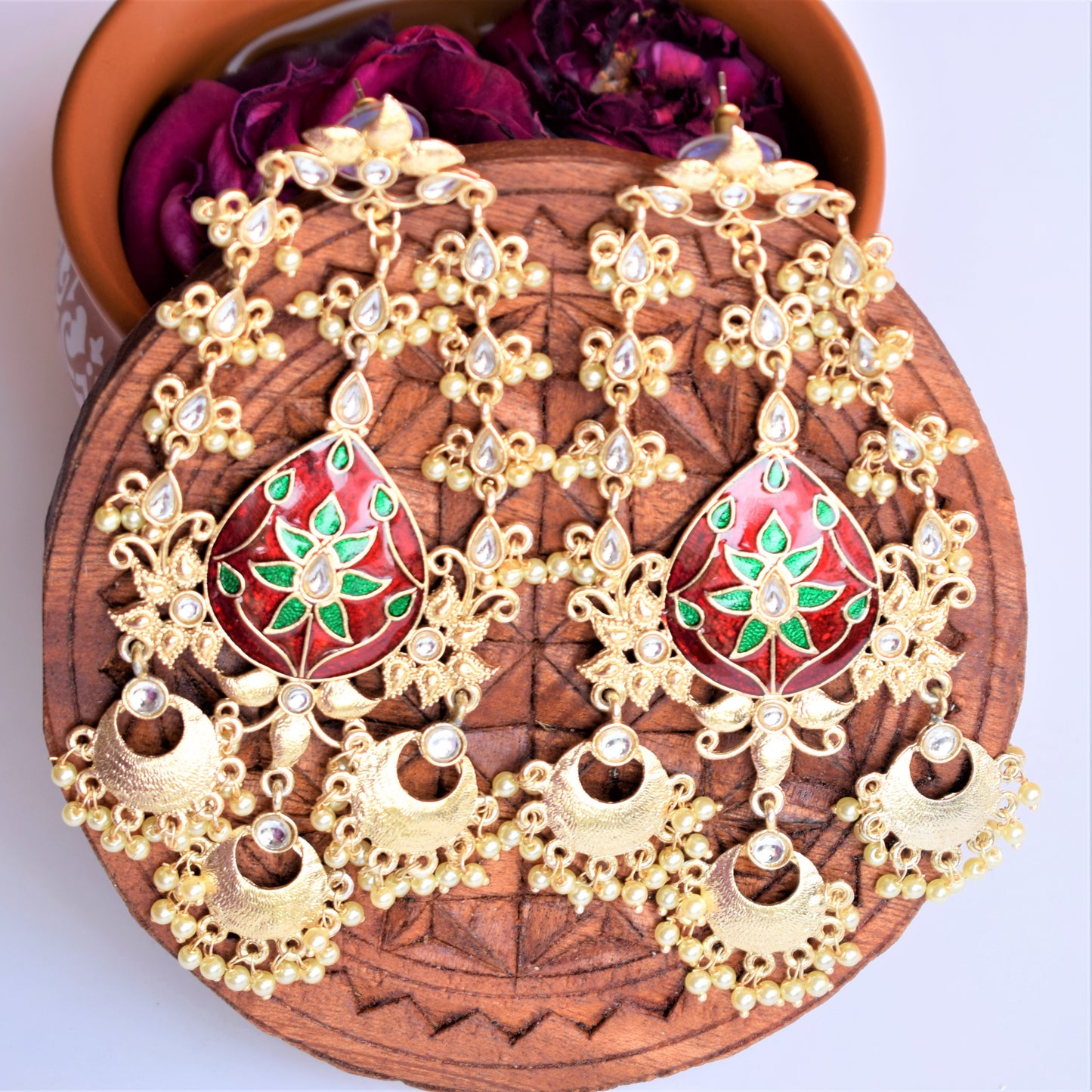 Maroon Green Long Chandbali Kundan Earring