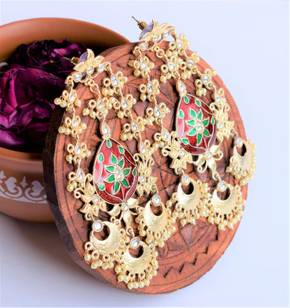 Maroon Green Long Chandbali Kundan Earring