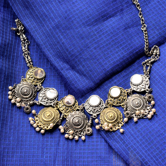 Silver and Golden Mirror Chandbali Chakra Choker Necklace