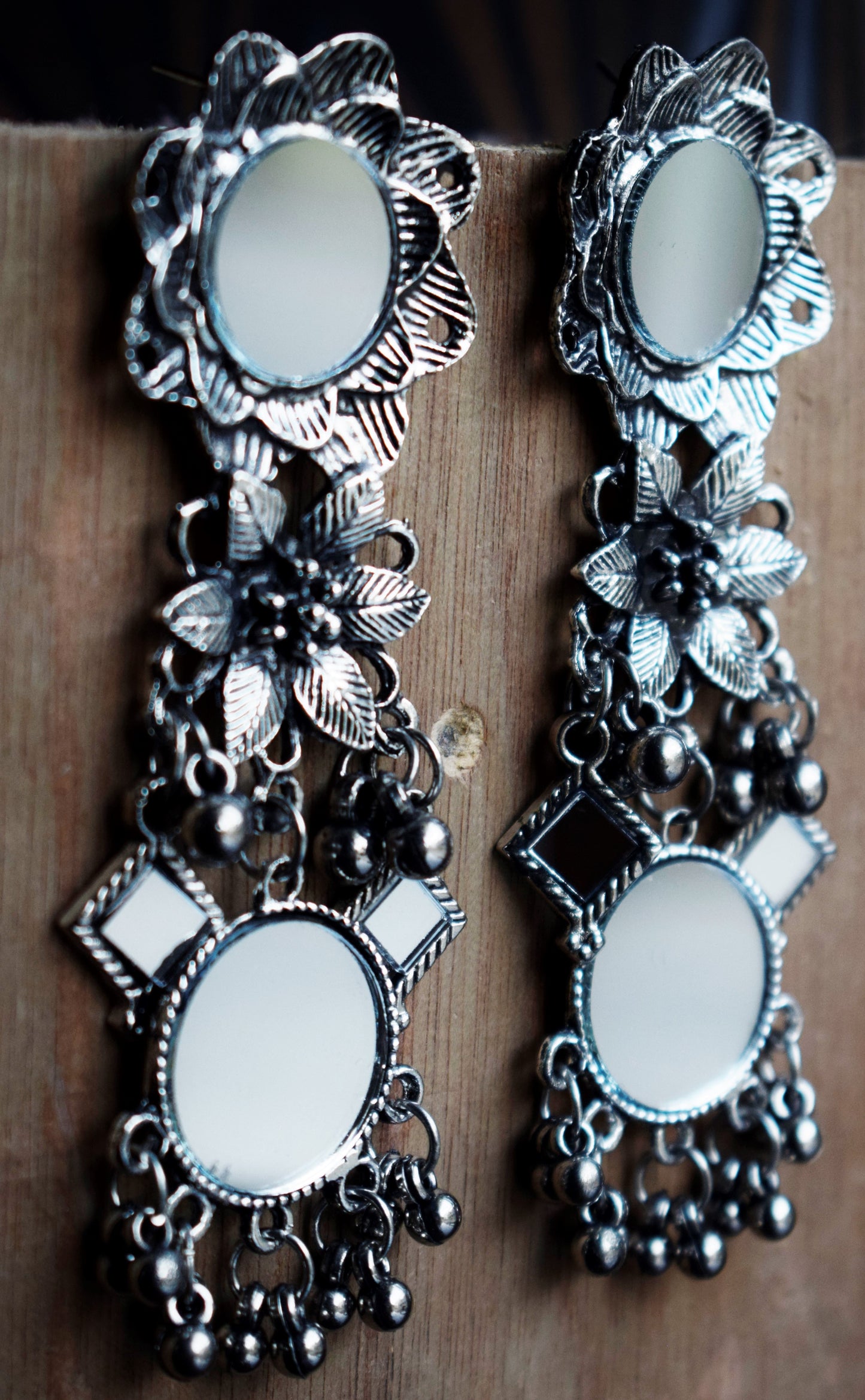 German Silver Floral Dangle Drop Mirror Earrings