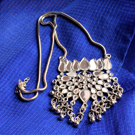 German Silver Lotus Mirror Pendant Necklace