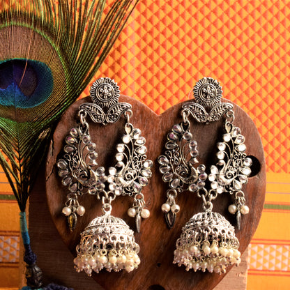 Silver Peacock Kundan and Pearl Jhumka