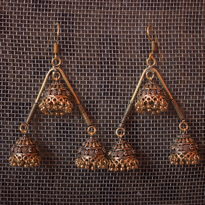 Golden Oxidised Jhumka Triangle Earrings