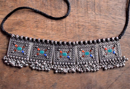 Silver Afghani Choker Necklace with Beads