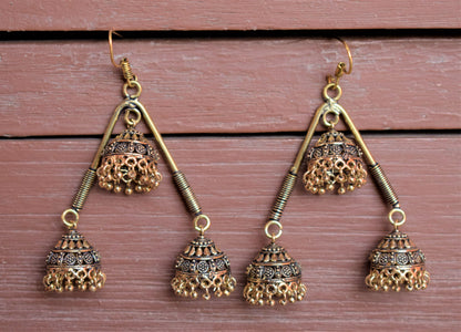 Golden Oxidised Jhumka Triangle Earrings