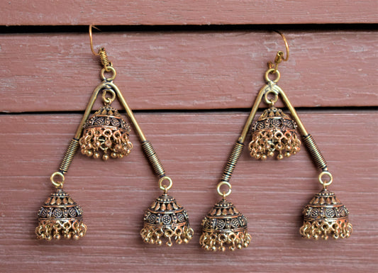 Golden Oxidised Jhumka Triangle Earrings