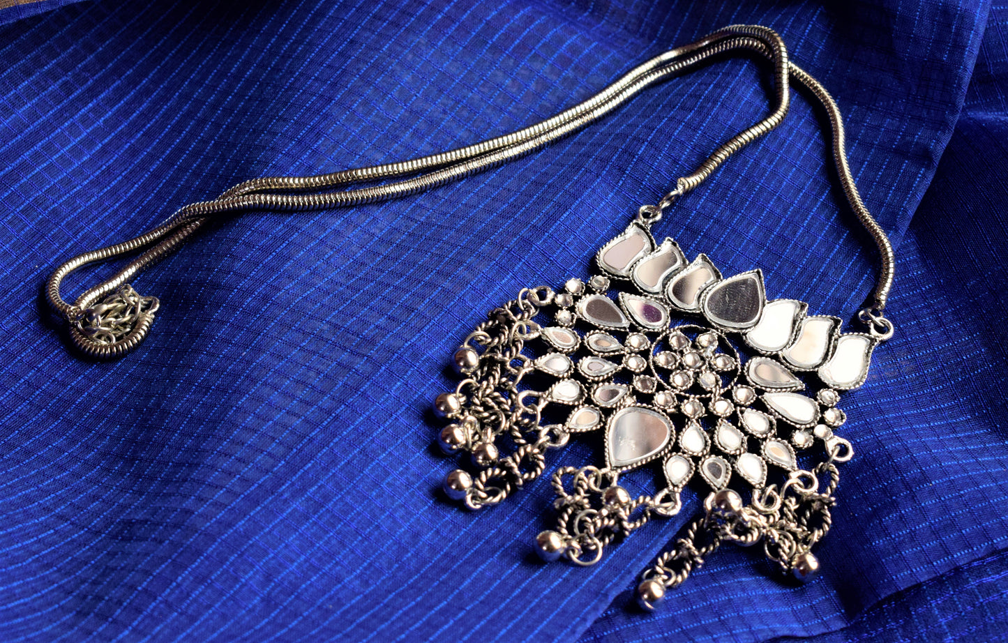 German Silver Lotus Mirror Pendant Necklace