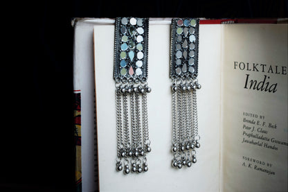 German Silver Mirror Bookmark Tassel Earrings