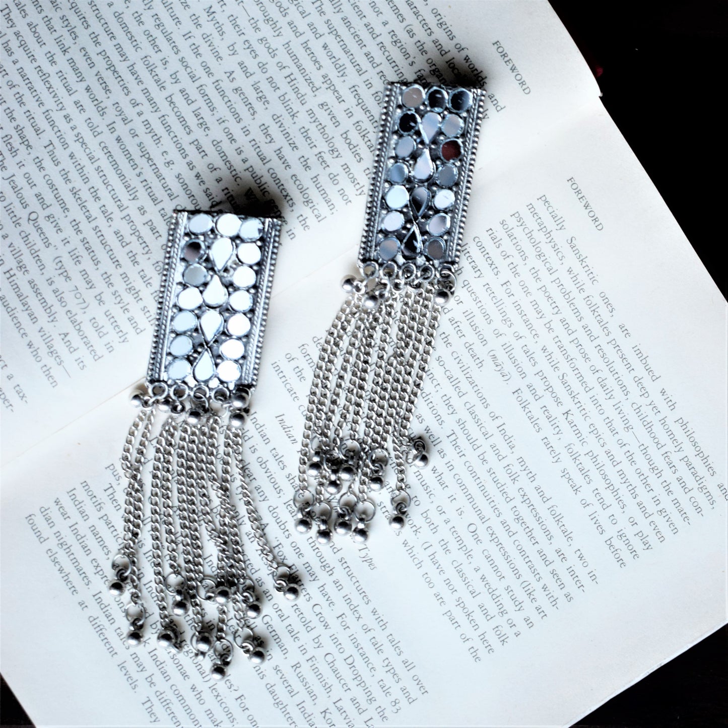 German Silver Mirror Bookmark Tassel Earrings
