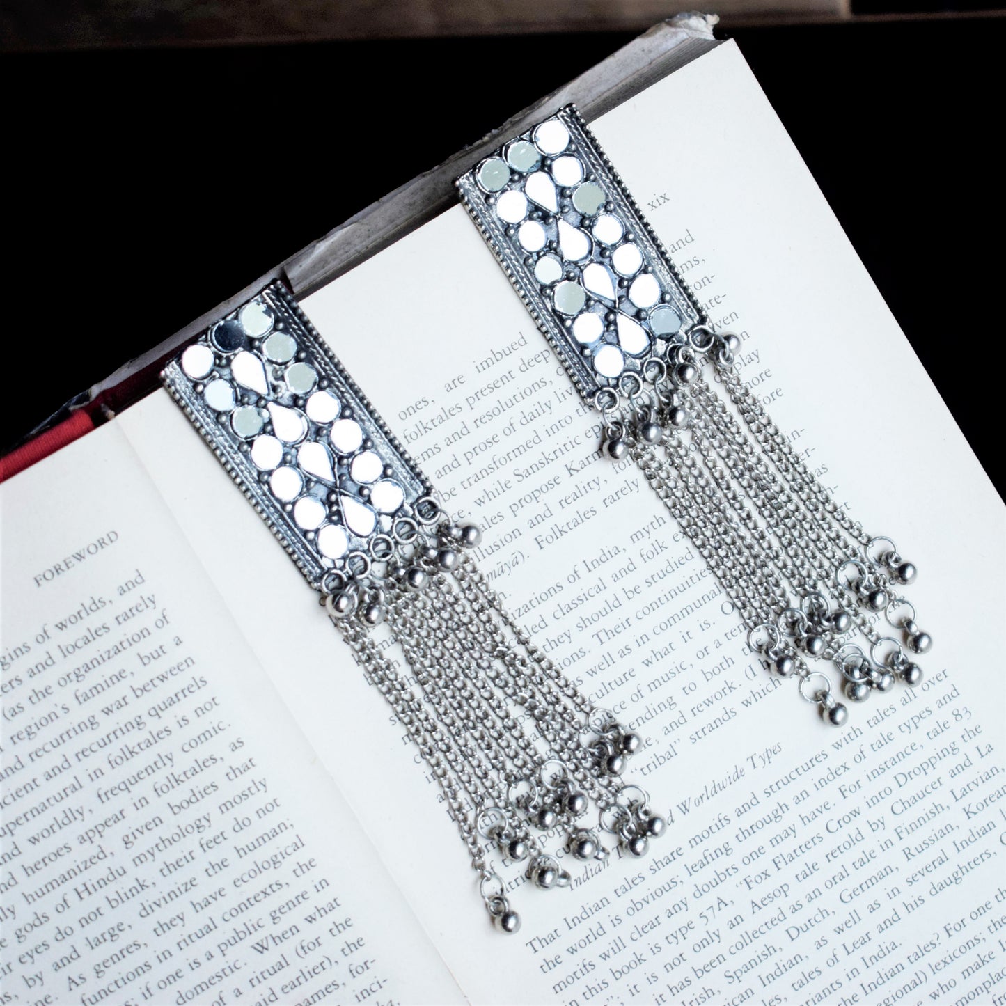 German Silver Mirror Bookmark Tassel Earrings