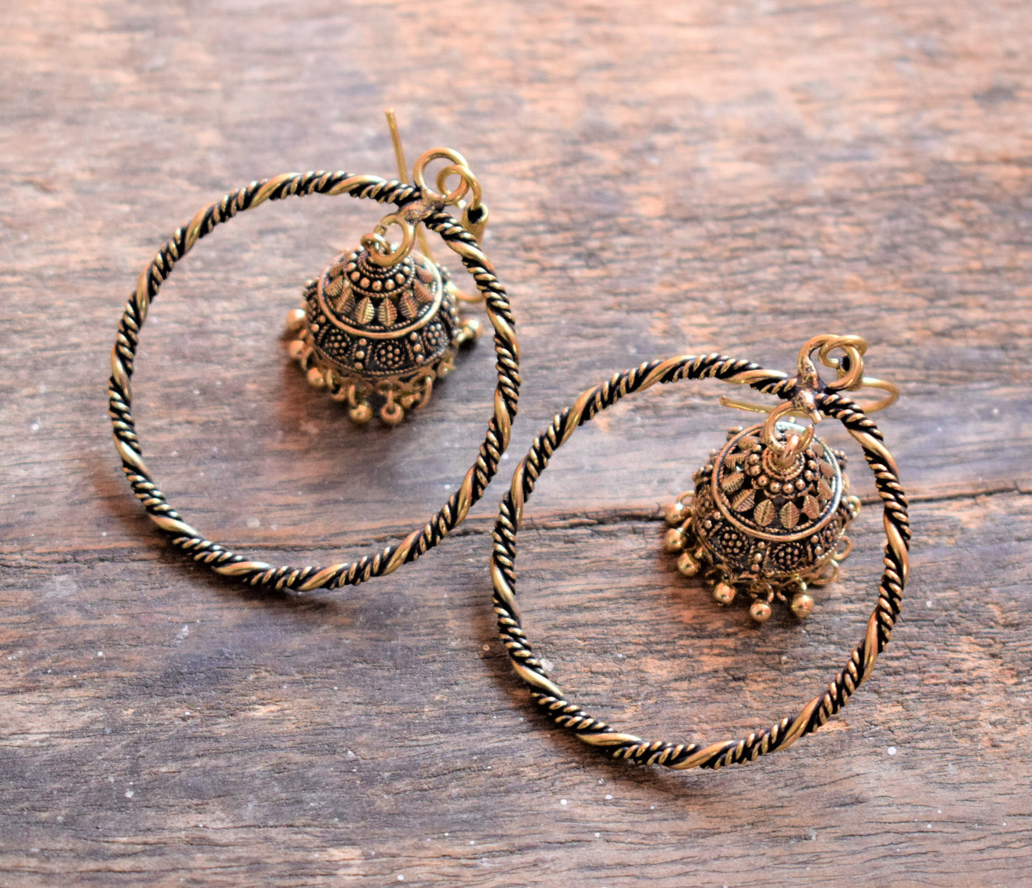 Golden Oxidized In-Hoop Jhumka Earrings
