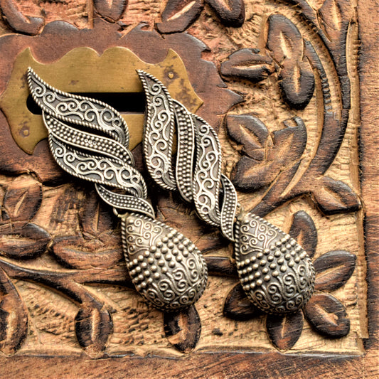 Designer German Silver Carved Drop Earring