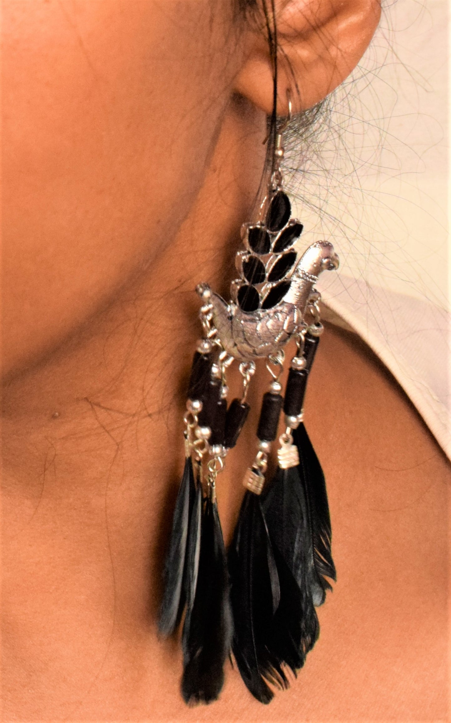 Black Afghani Bird Feather Earrings