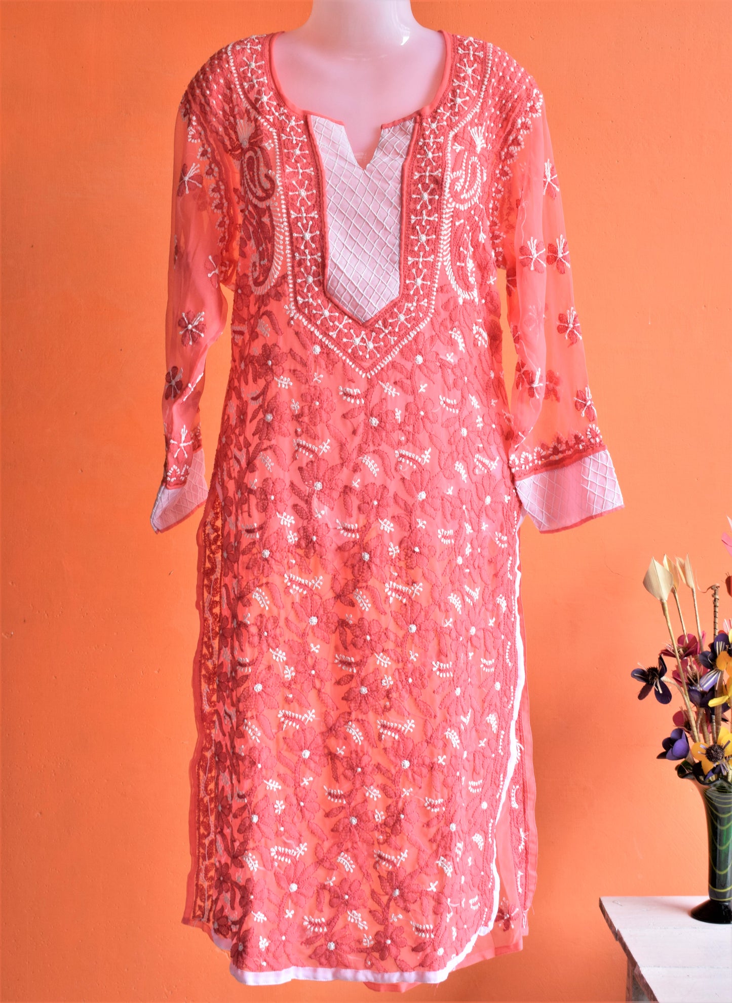 Coral Pink and White Full Chikan Embroidery Kurti