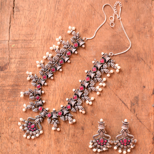 Designer Silver Necklace Set with Ruby and Pearl Embellishments