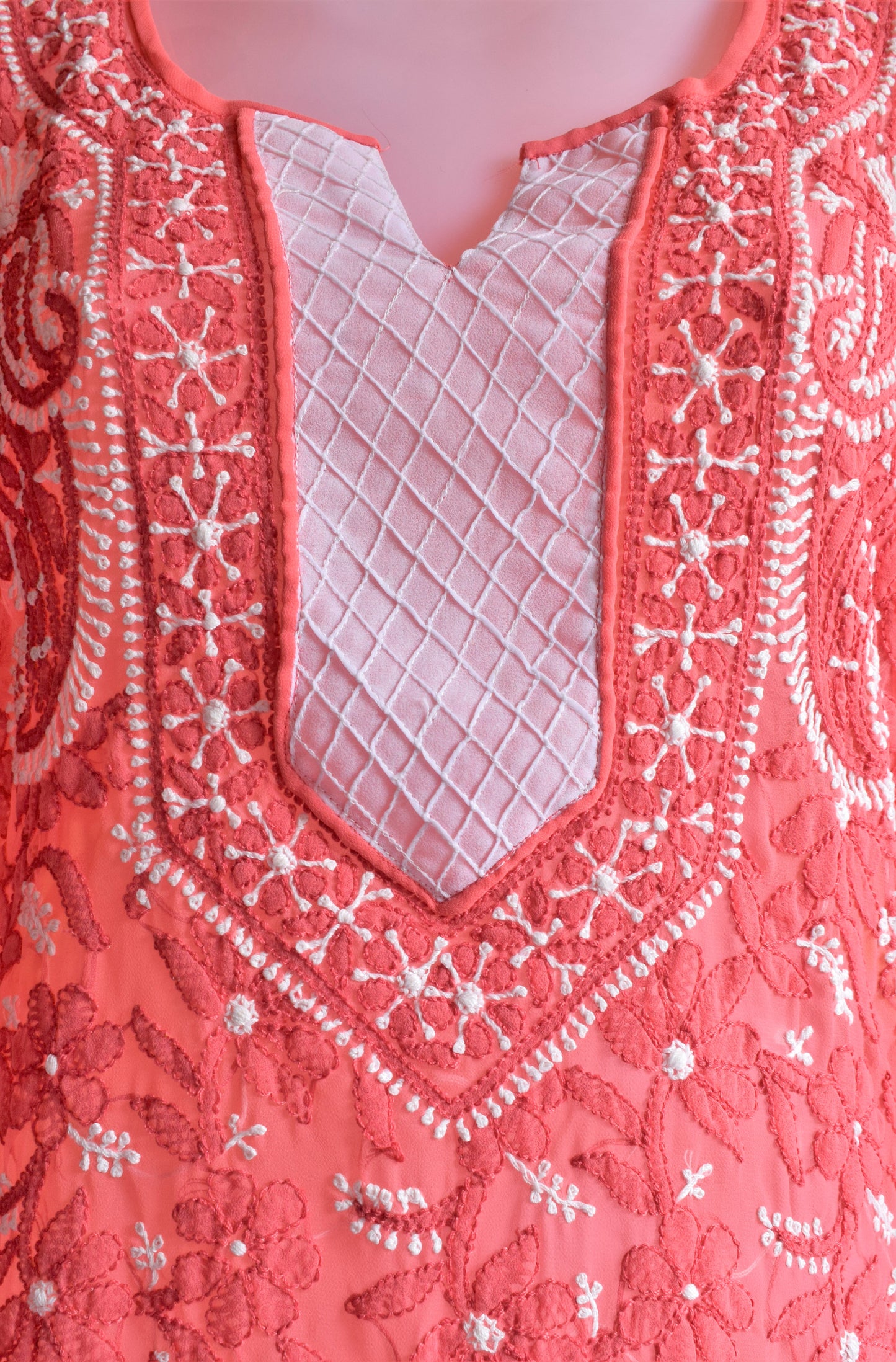 Coral Pink and White Full Chikan Embroidery Kurti