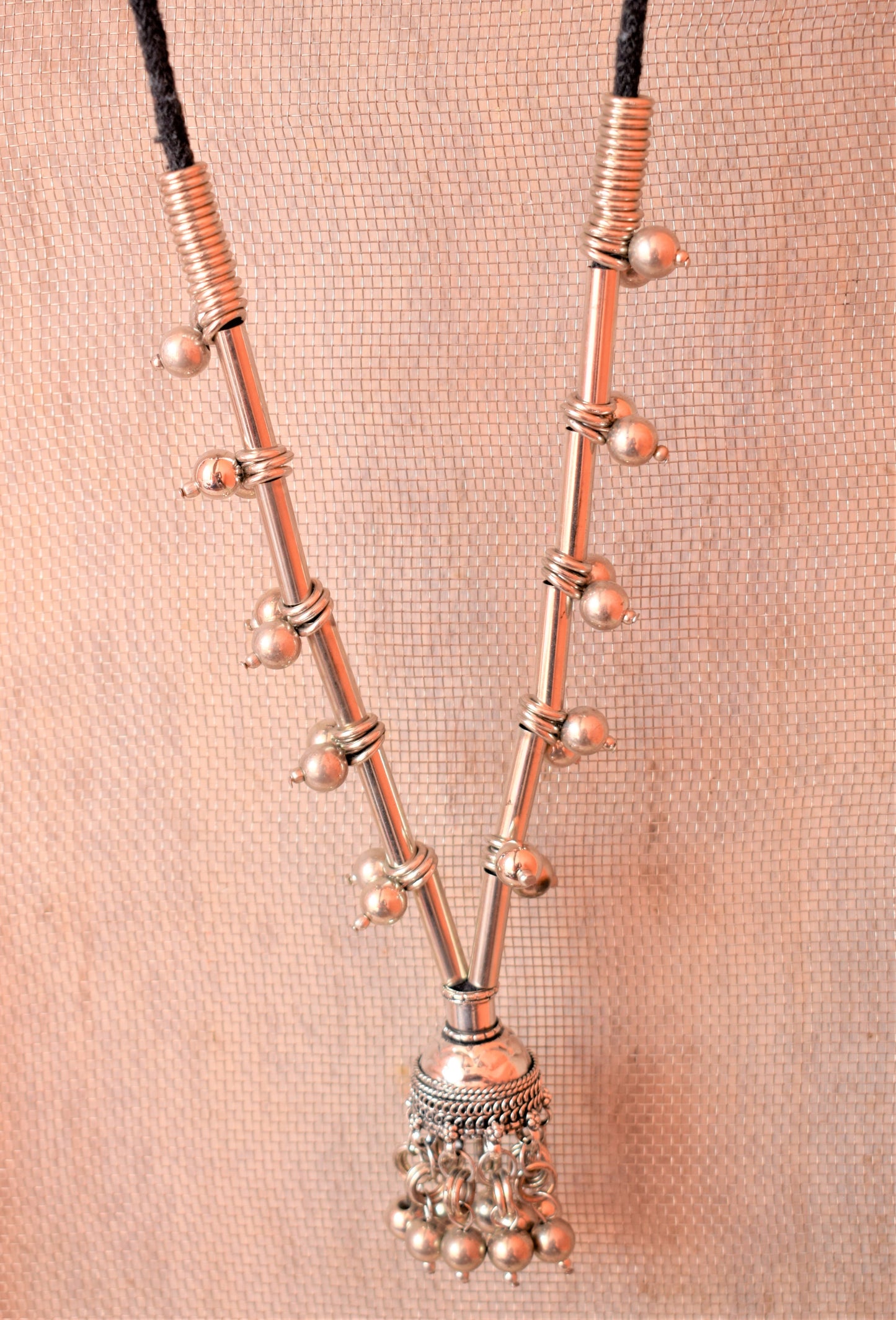 Long German Silver Jhumka Necklace
