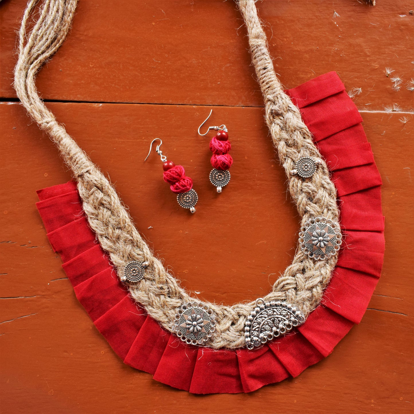 Red Karmachakra Boho Jute Fabric Necklace