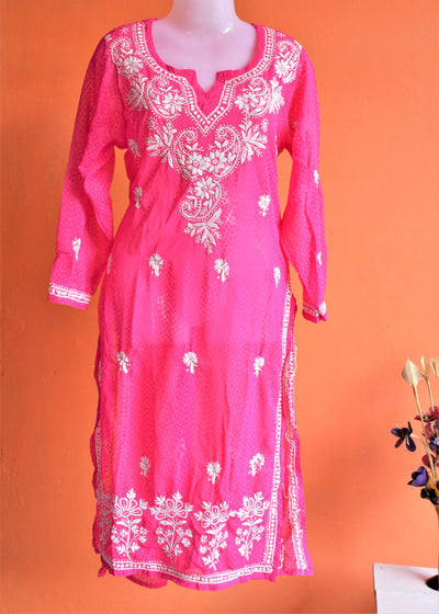 Hot Pink Jacquard Pure Georgette Chikan Kurti