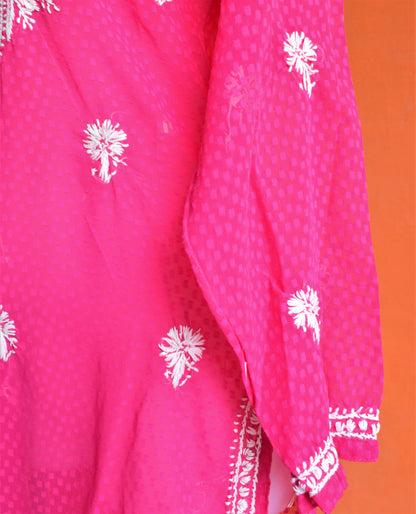 Hot Pink Jacquard Pure Georgette Chikan Kurti