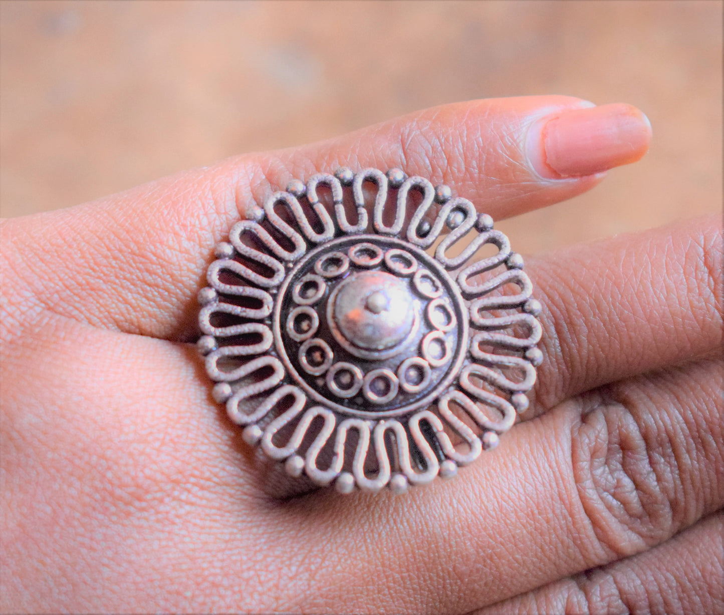 German Silver Carved Flower Finger Ring