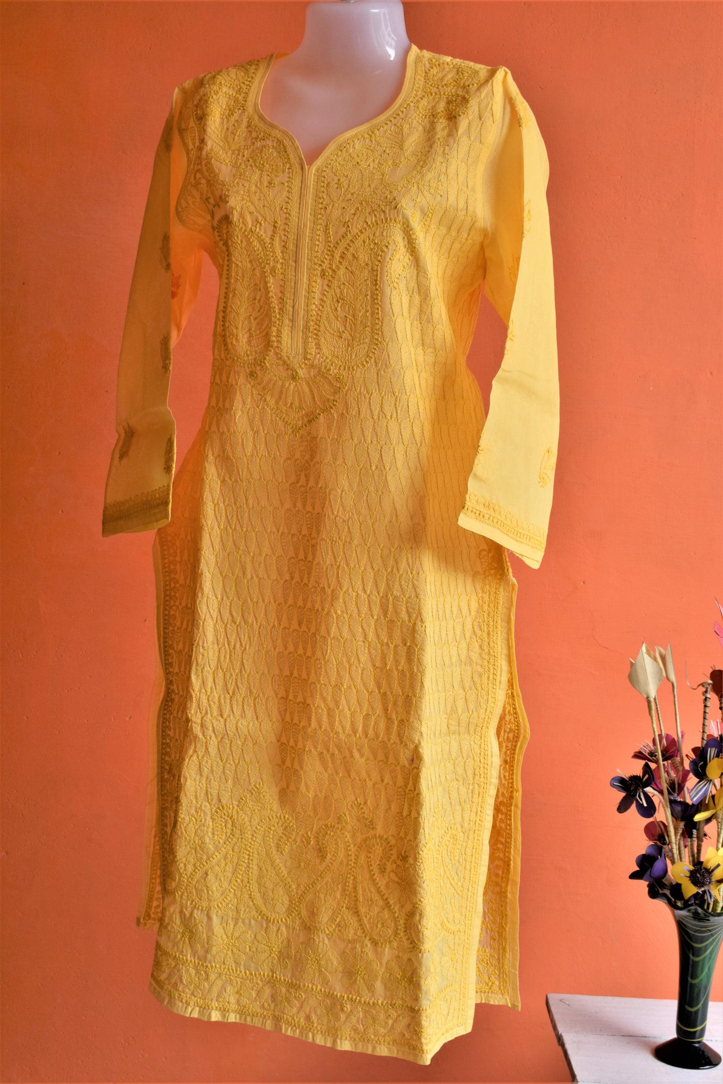 Pure Cotton Yellow Kurti with Chikan Embroidery