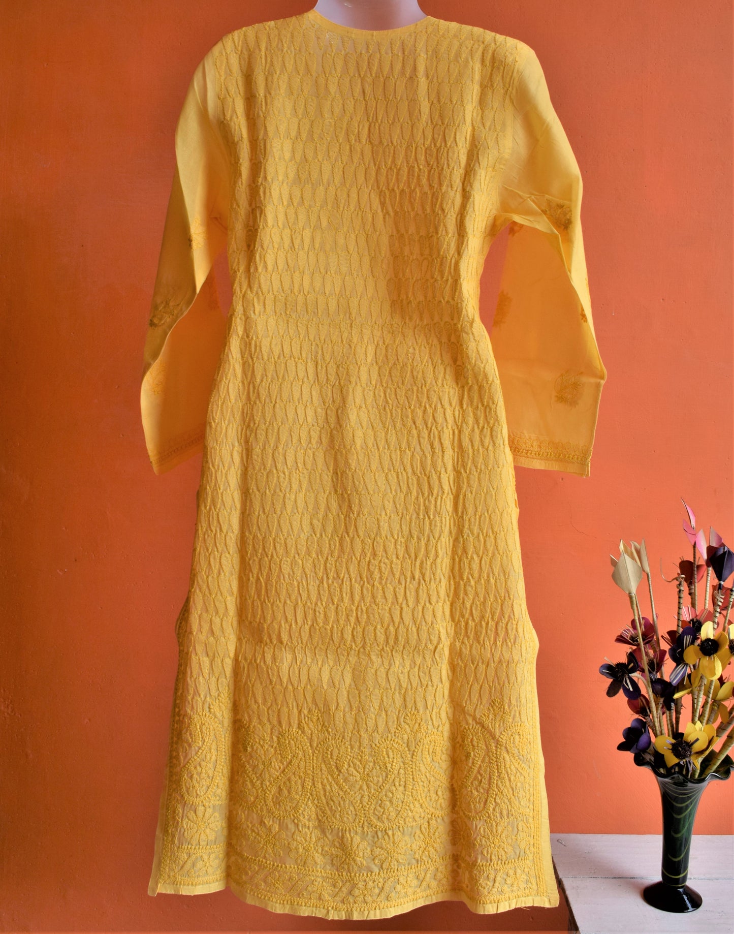 Pure Cotton Yellow Kurti with Chikan Embroidery