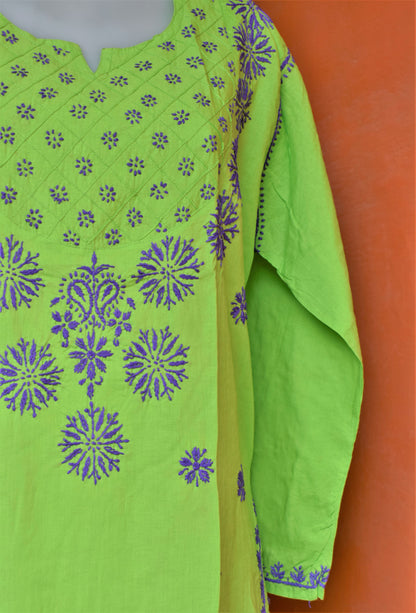 Floral Neck Work Cotton Chikan Kurti