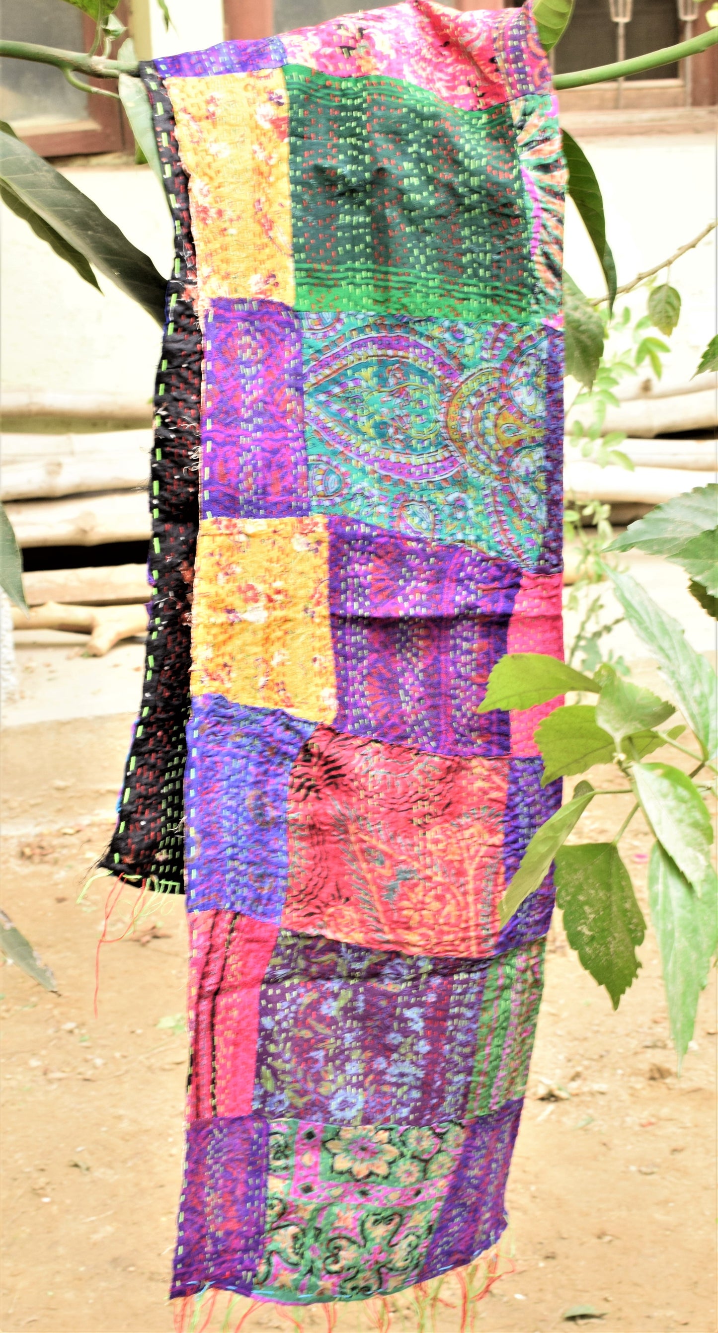 Black Floral Beauty : Multicolored Silk Kantha Stole