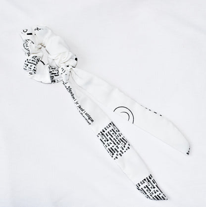 Black and White Text Printed Ribbon Scrunchie
