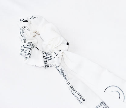 Black and White Text Printed Ribbon Scrunchie
