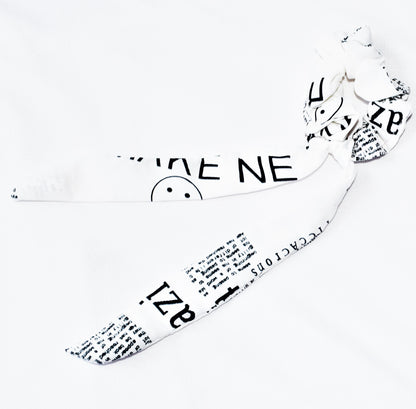 Black and White Text Printed Ribbon Scrunchie