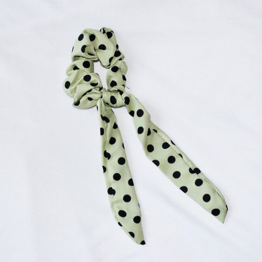 Olive Green Polka Dot Printed Ribbon Scrunchie
