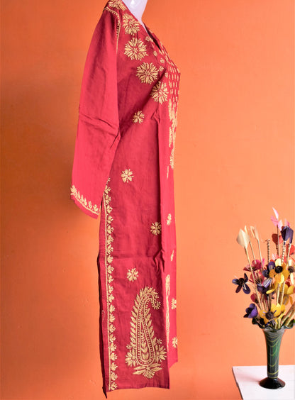 Floral Neck Work Cotton Chikan Kurti