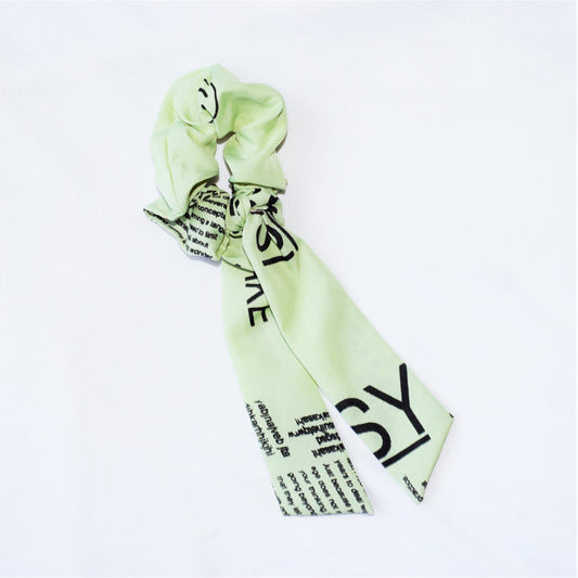 Olive Green Text Printed Ribbon Scrunchie