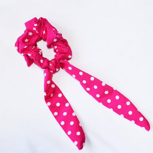 Pink and White  Polka Dots Printed Ribbon Scrunchie