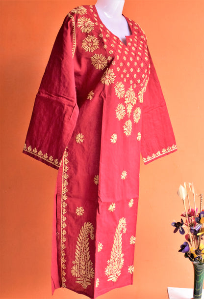 Floral Neck Work Cotton Chikan Kurti