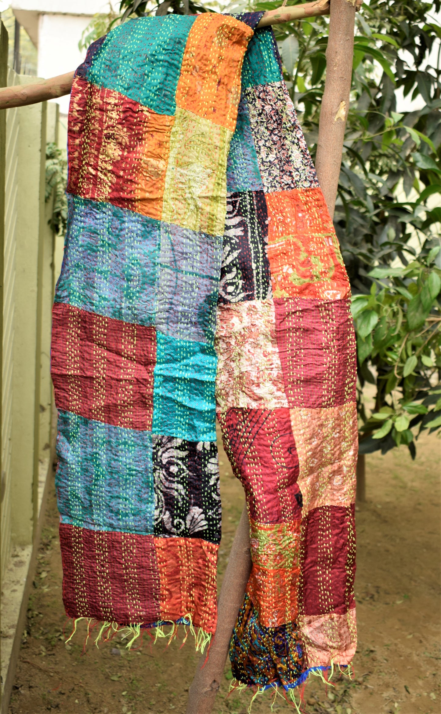 Blue Bird: Multicolored Silk Kantha Stole