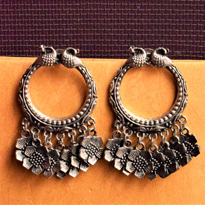 Golden and Silver Floral Peacock Hoop Earring