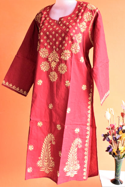 Floral Neck Work Cotton Chikan Kurti