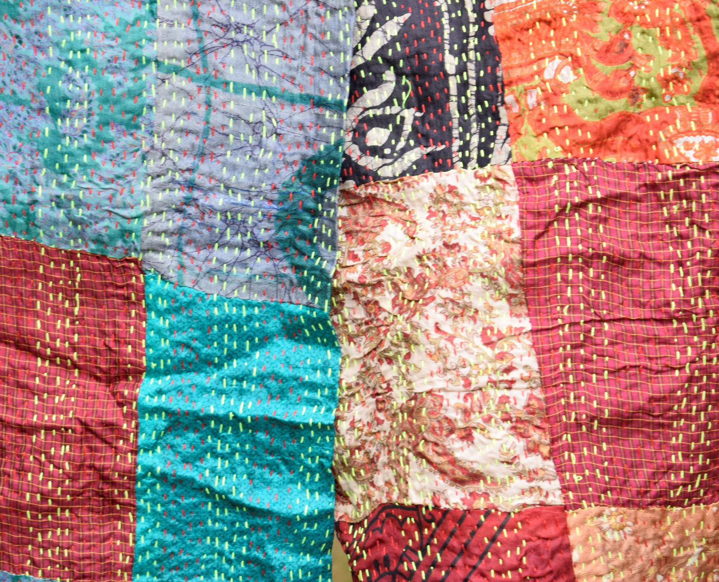 Blue Bird: Multicolored Silk Kantha Stole