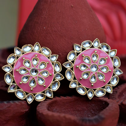 Kundan Circular Floral Meenakari Stud - GlitterGleam